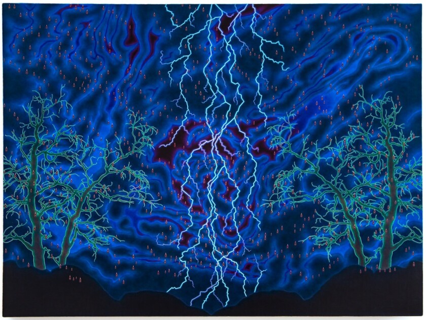 A painting of lightning from a swirling dark blue sky touching the ground between two leafless trees.