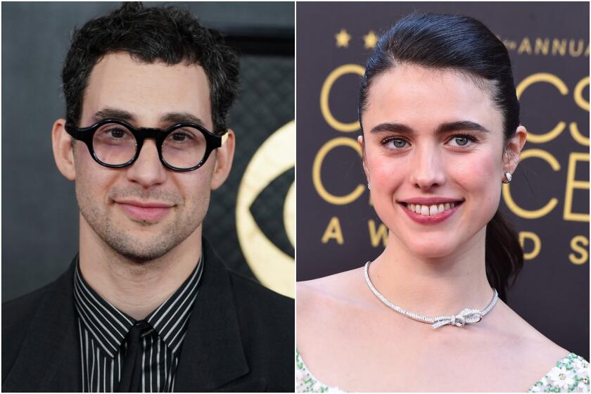 A split image of Jack Antonoff posing in round glasses and a black suit, and Margaret Qualley smiling in a silver necklace