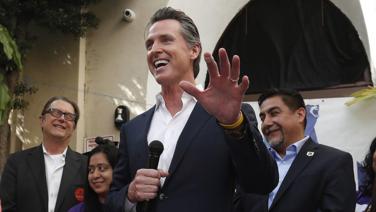 Lieutenant Governor Gavin Newsom speaks to a gathering at the El Gallo Cultural Plaza in East Los Angeles April 5.