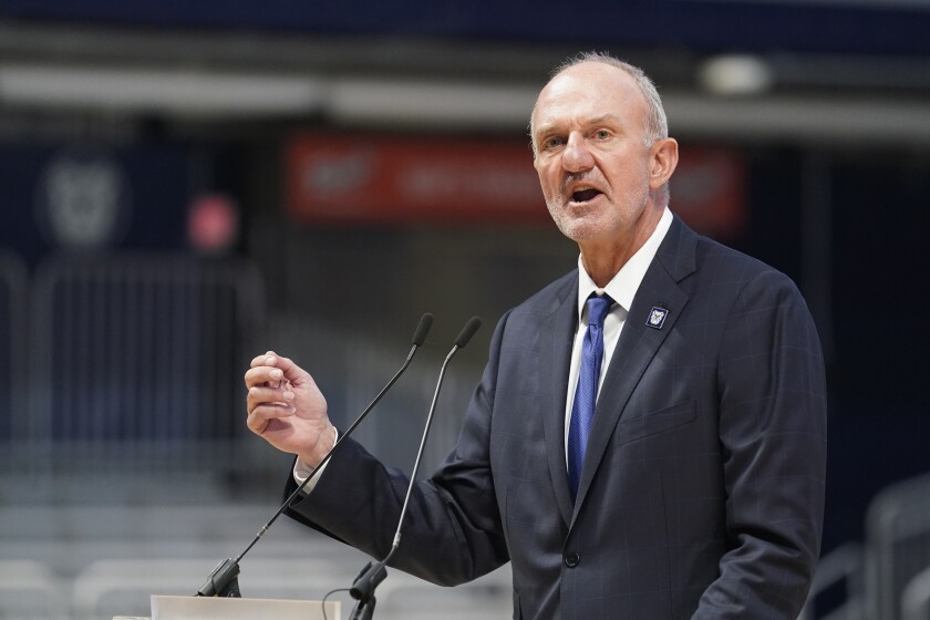 Butler's new head coach Thad Matta speaks after he was introduced during an NCAA college basketball news conference at Hinkle Fieldhouse, Wednesday, April 6, 2022, in Indianapolis. (AP Photo/Darron Cummings)