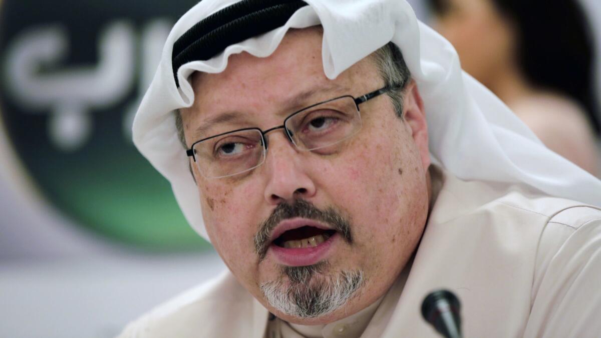 Saudi journalist Jamal Khashoggi at a news conference in Manama, Bahrain, in 2014.