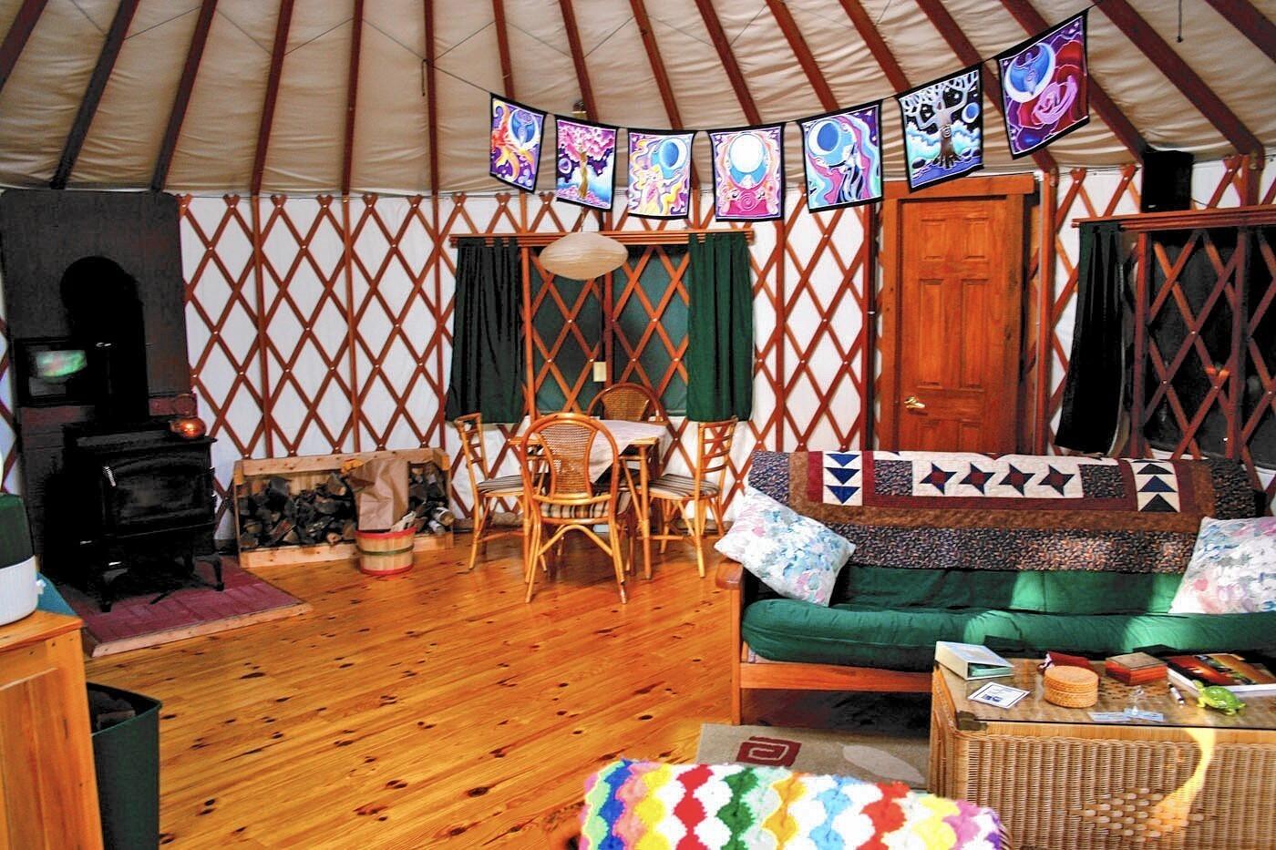 A wood burner and electricity make the lone yurt at Namekagon Waters Resort, near Trego, Wis., a cozy retreat for all seasons. It is the only place to stay at the resort.