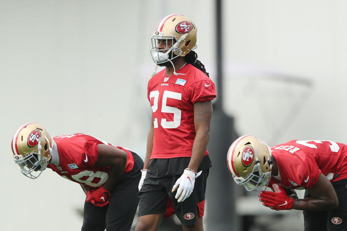 San Francisco 49ers cornerback Richard Sherman takes part in a team practice session.