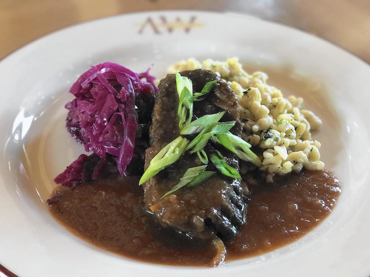 Stick-to-your-ribs fare is on offer at Ale Works, where the German dish sauerbraten is based on the owners’ family recipe.