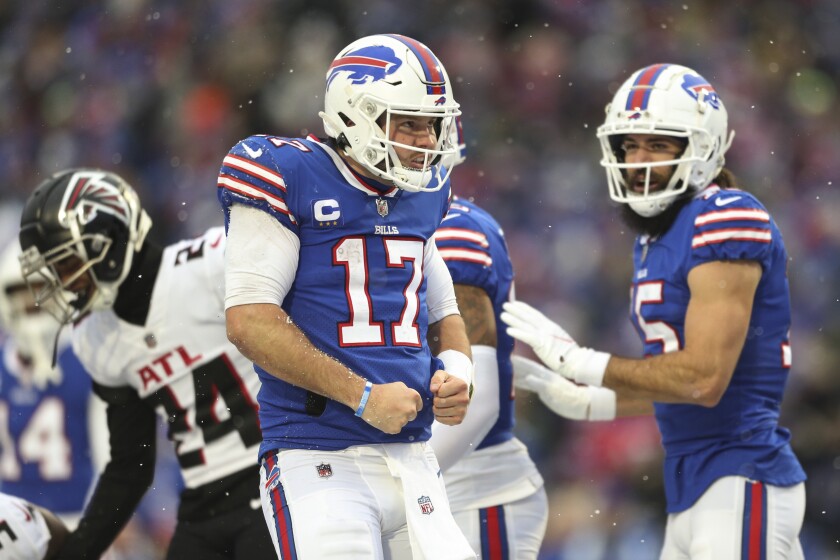 Buffalo Bills quarterback Josh Allen (17) reacts during the second half of an NFL football game against the Atlanta Falcons, Sunday, Jan. 2, 2022, in Orchard Park, N.Y. (AP Photo/Joshua Bessex)