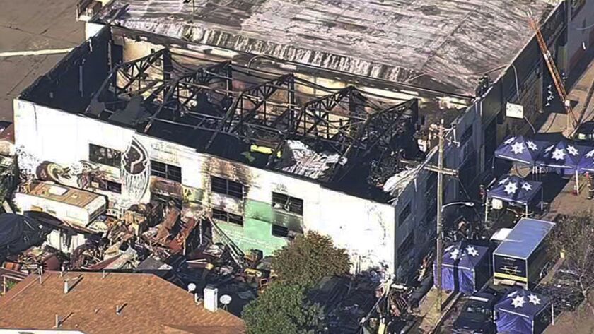A building damaged by fire seen from above