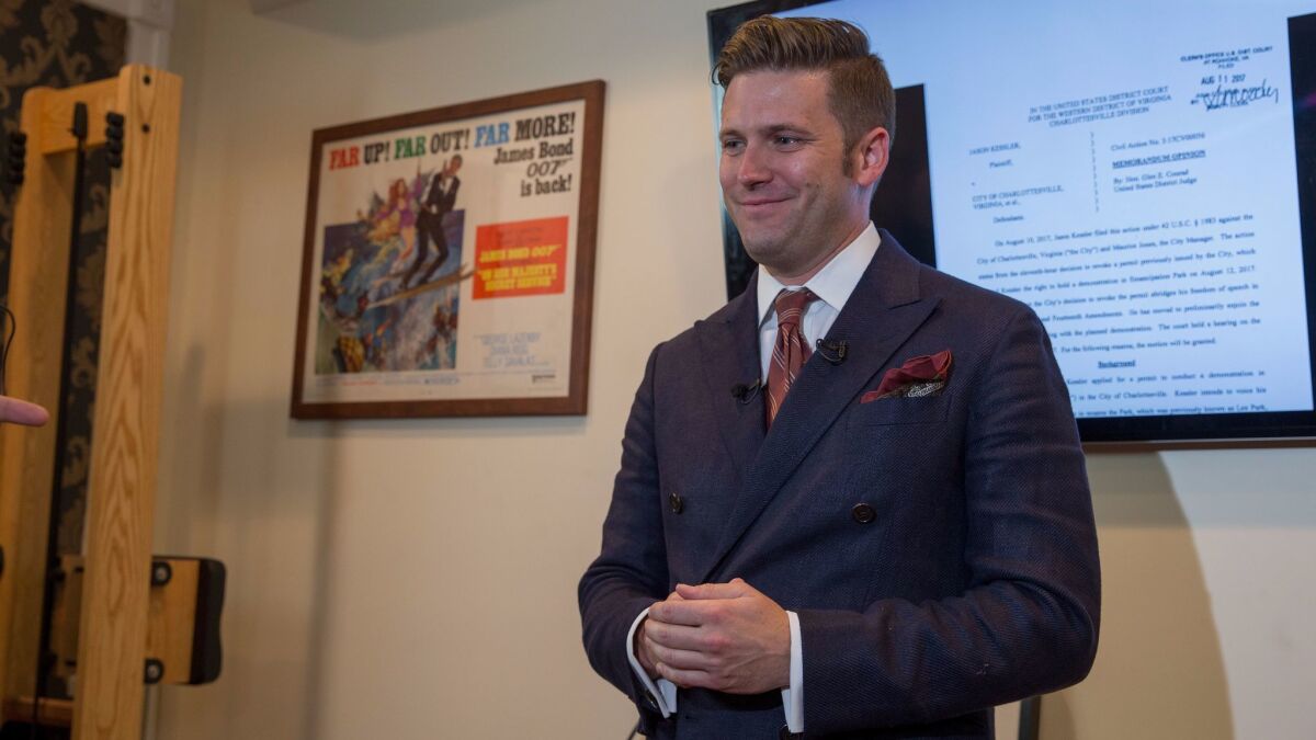 White nationalist Richard Spencer speaks to select media in his in his Alexandria, Va., office on Monday. The Alameda County Sheriff's Department said it mistakenly retweeted Spencer's tweet providing a live feed of the news conference.