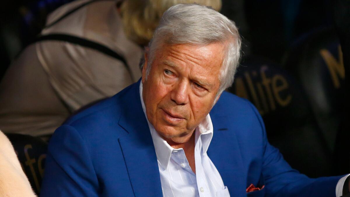 New England Patriots owner Robert Kraft attends the welterweight title fight between Floyd Mayweather Jr. and Manny Pacquiao at the MGM Grand in Las Vegas on May 2.