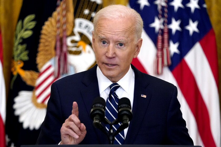 President Biden speaks during a news conference at the White House, Thursday, March 25, 2021.