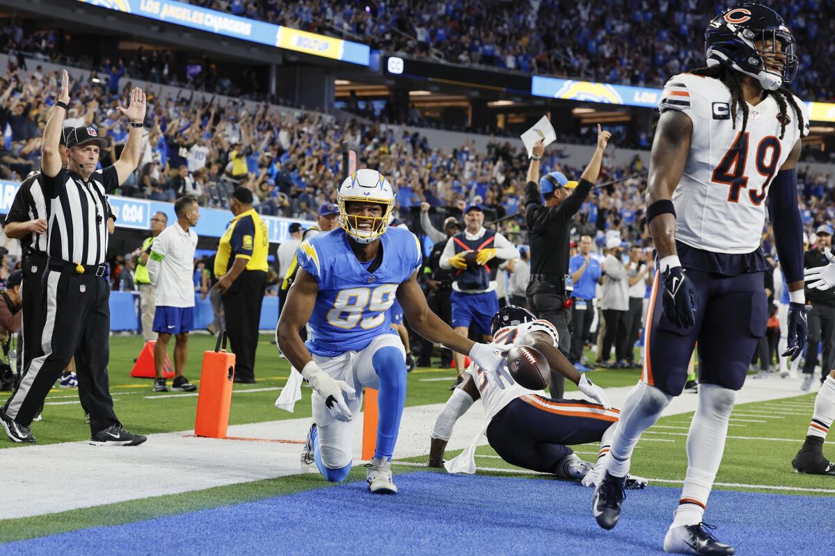 Chargers tight end Donald Parham Jr. (89) celebrates after scoring a touchdown against the Bears.