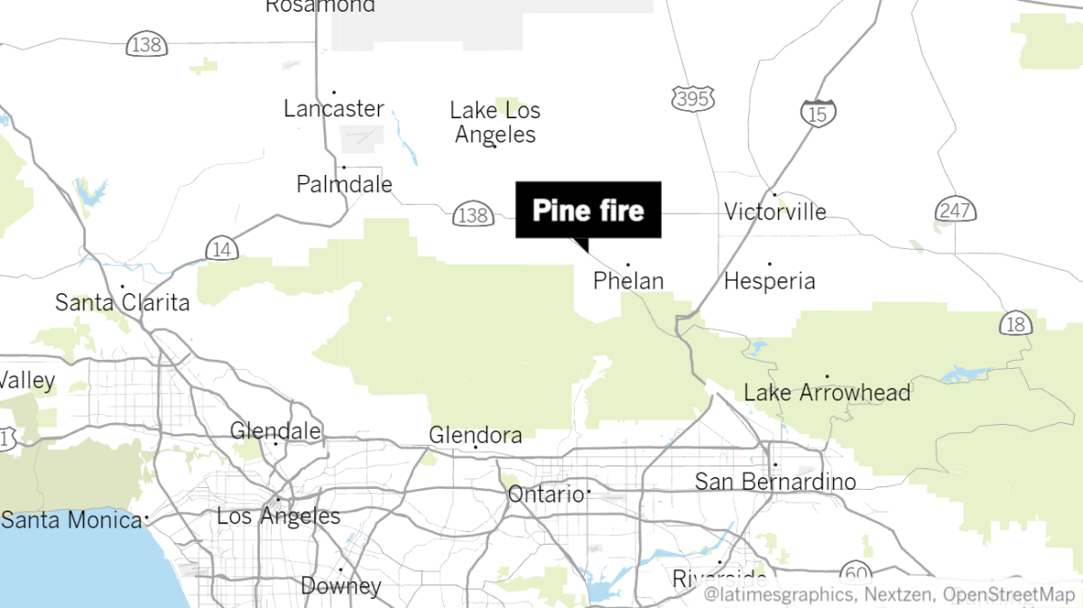 Map of the Antelope Valley north of Los Angeles with label pointing to Pine fire