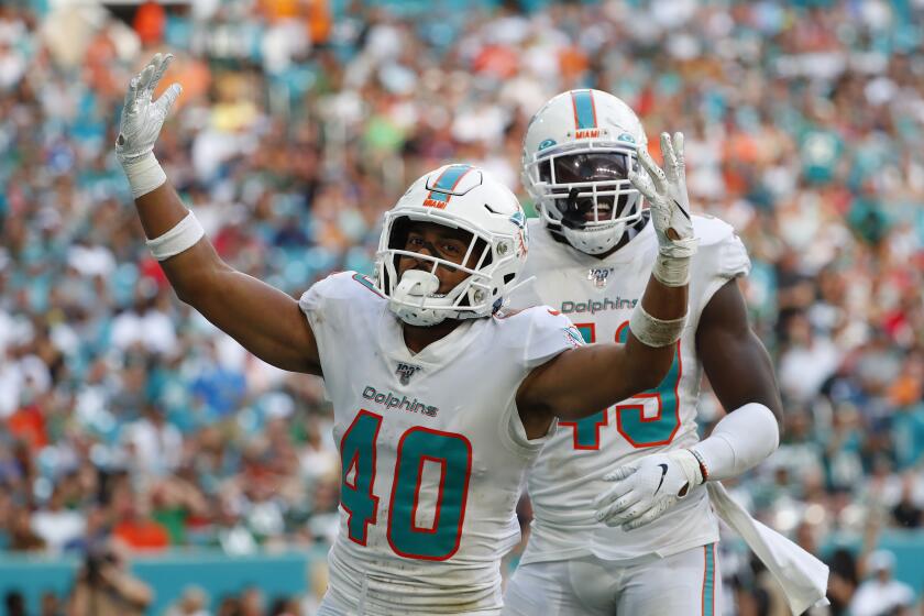 Miami Dolphins defensive back Nik Needham (40) celebrates with Miami Dolphins linebacker Sam Eguavoen (49) after he sacked New York Jets quarterback Sam Darnold during the second half of an NFL football game, Sunday, Nov. 3, 2019, in Miami Gardens, Fla. (AP Photo/Wilfredo Lee)