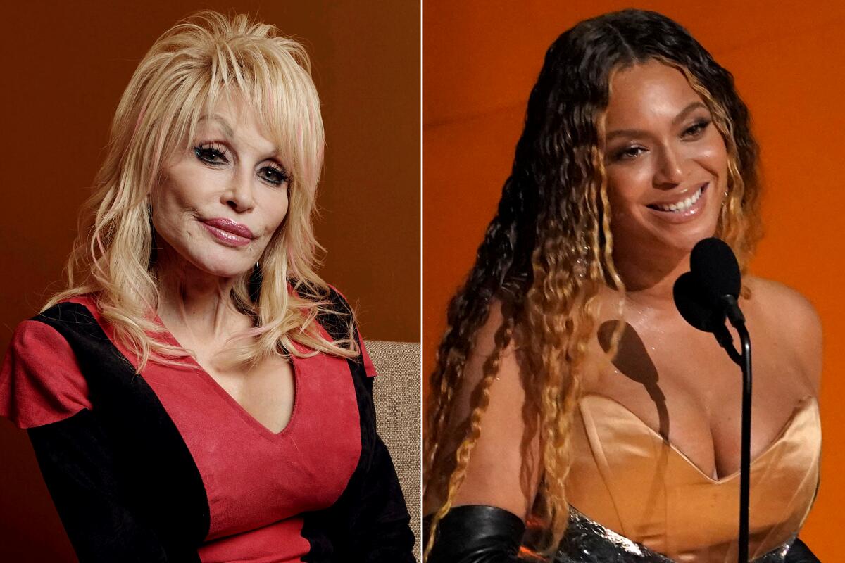 Separate images of Dolly Parton in a red dress with black sleeves and Beyoncé in a gold strapless top speaking into a mic