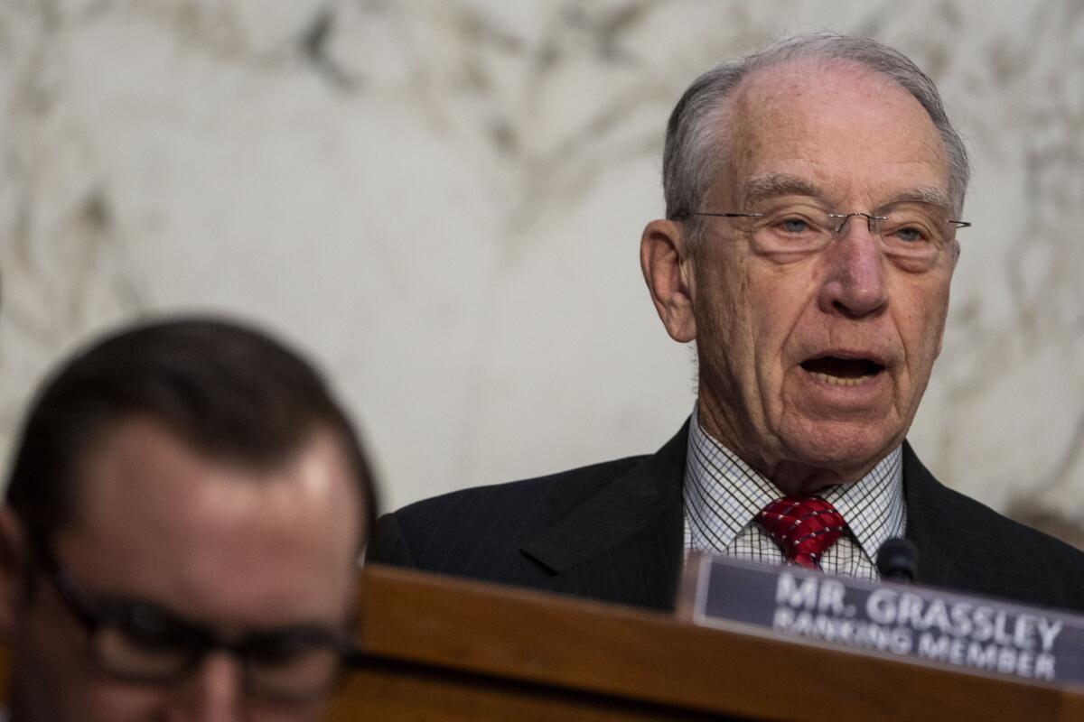 Sen. Charles E. Grassley (R-Iowa) speaks at a Senate hearing early this month. 