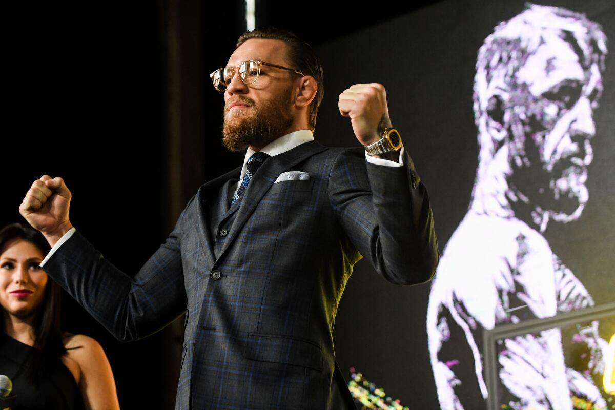 Mixed martial arts star Conor McGregor of Ireland attends a media briefing in central Moscow on October 24.