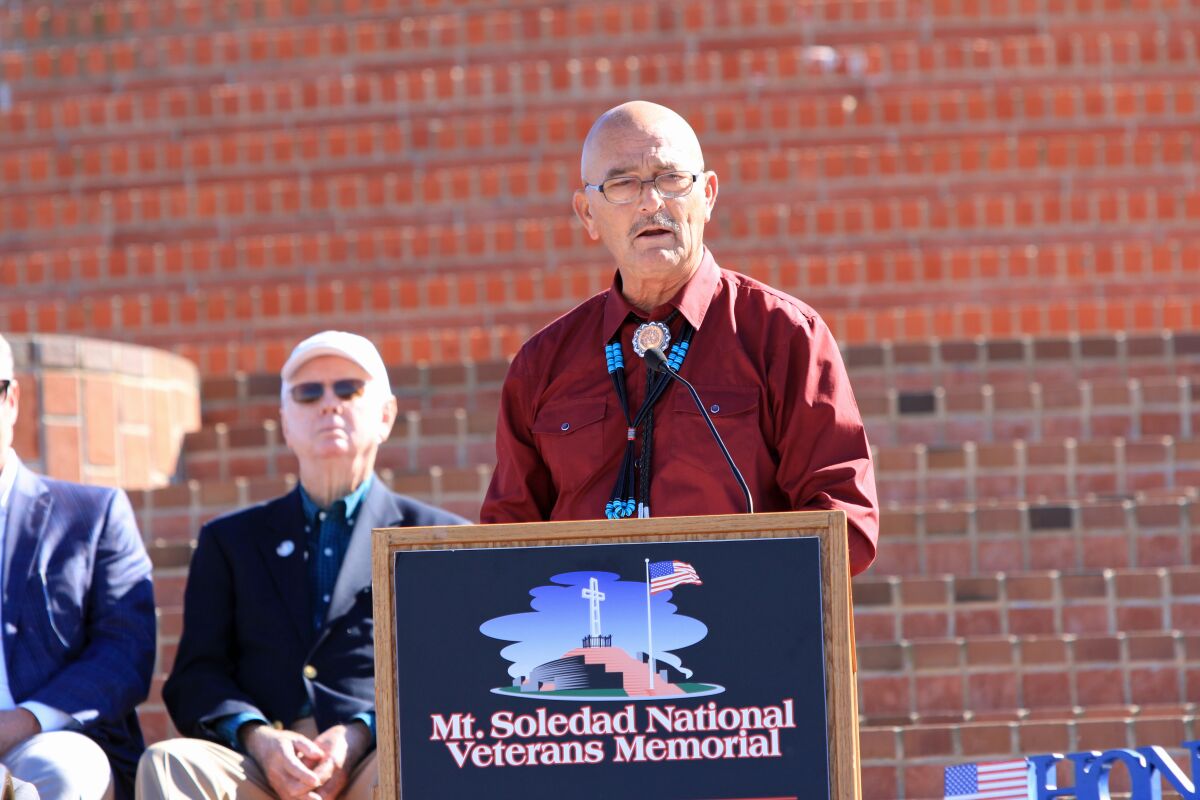 Regan Hawthorne, CEO of the Navajo Code Talkers Museum, speaks at the Mount Soledad National Veterans Memorial in La Jolla.