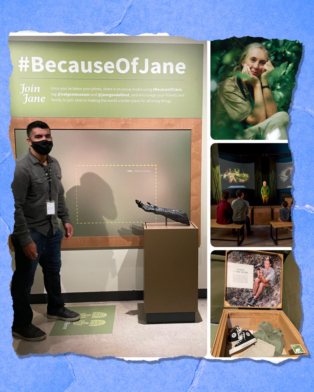 Miguel Ordeñana, left, and images and artifacts in the "Becoming Jane" exhibition at L.A. County Natural History Museum
