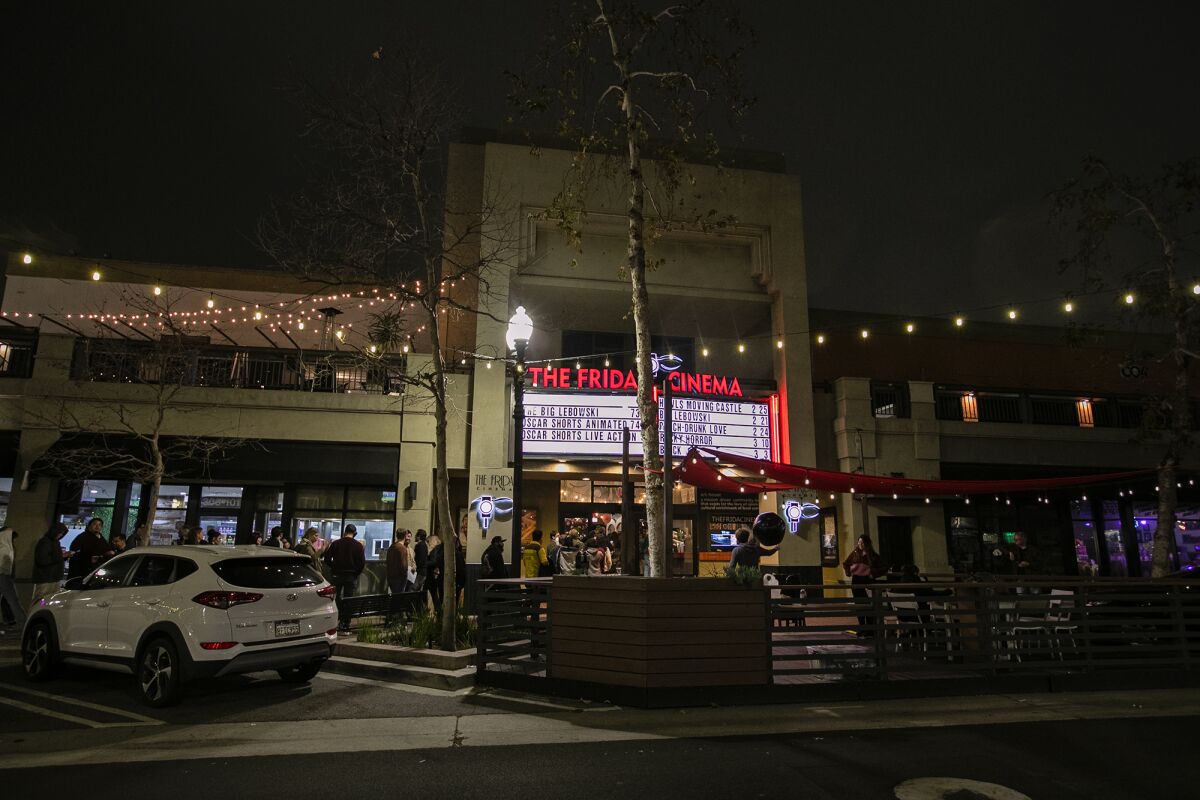 Exterior of the Frida Cinema at night.