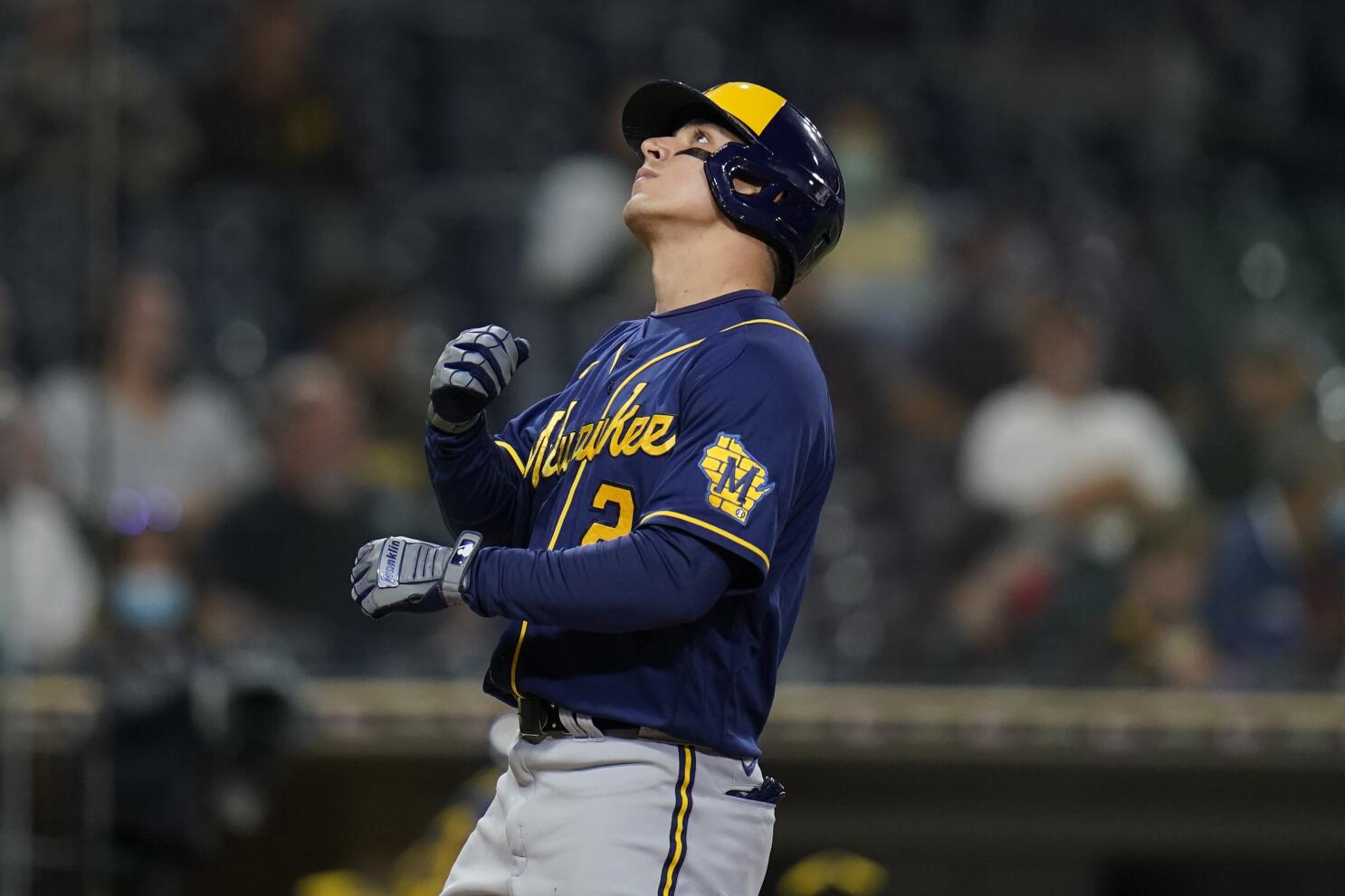 Luis Urias of the Milwaukee Brewers bats against the Chicago Cubs at