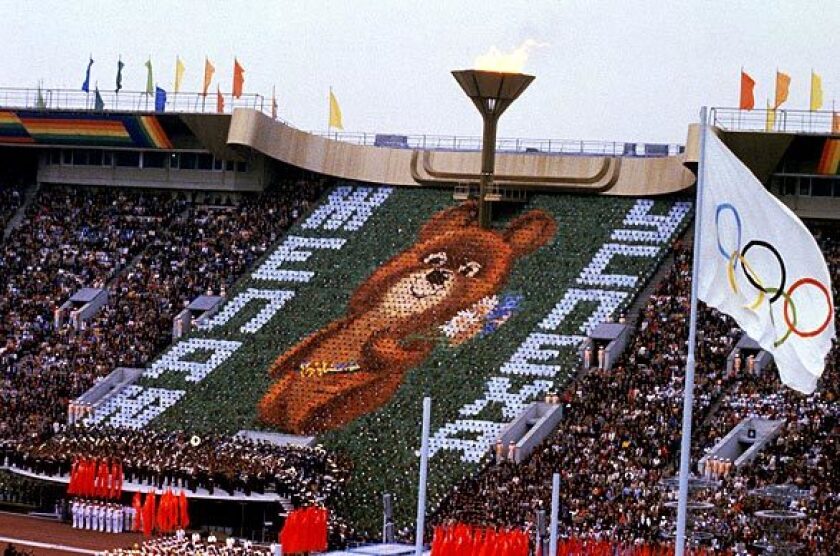 An image of Olympics mascot Misha in Lenin Stadium at the 1980 Summer Games in Moscow. 