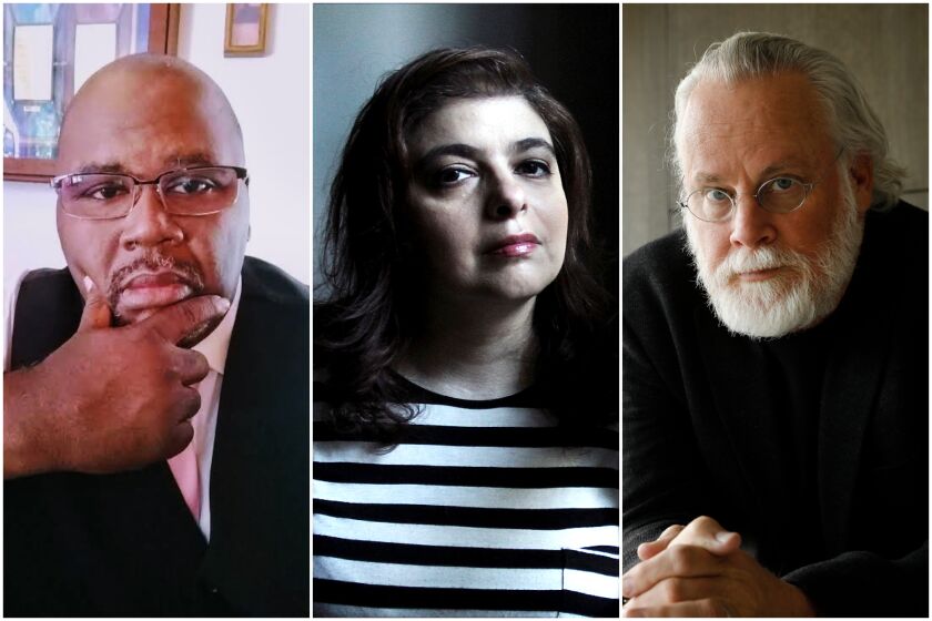 (L-R) Triptych of writers S.A. Cosby, Mariana Enriquez, and Michael Connelly for LA Times book prizes story.