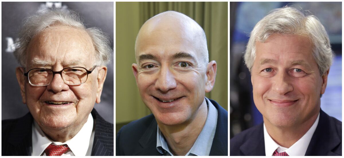 Portraits of Warren Buffett, Jeff Bezos and Jamie Dimon 