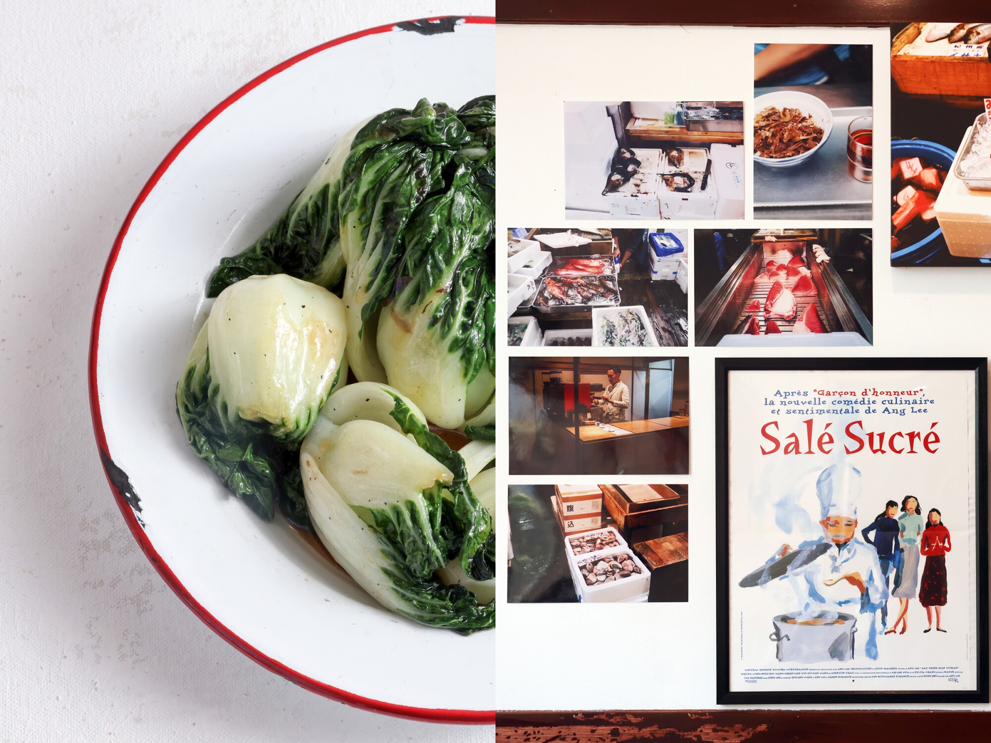 Two photos side-by-side of a bowl of bok choy and a wall of posters.