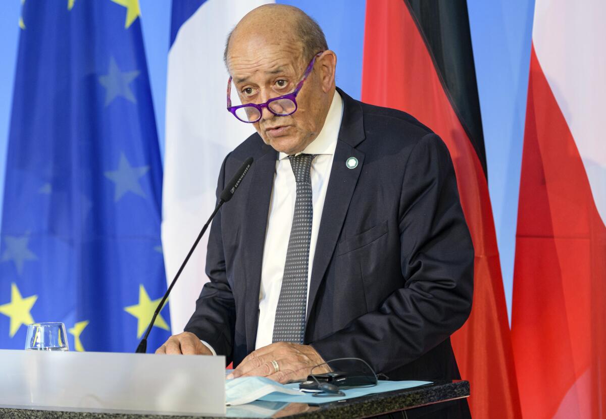 French Foreign Minister Jean-Yves Le Drian speaks in Weimar, Germany