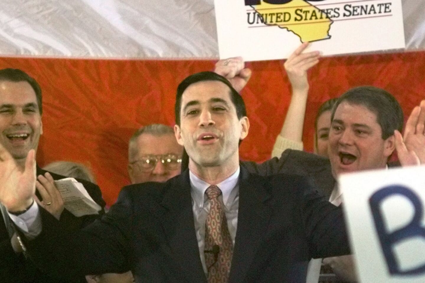 On Feb. 2, 1998, Darrell Issa speaks before a crowd in his company's warehouse as he announces his candidacy for U.S. Senate. After years of backing other Republican candidates, Issa spent $9 million of his own money in his first bid for public office, only to lose the GOP primary in part due to news reports that he had been arrested for car theft decades earlier (charges were dropped) and allegations that he benefited from a suspicious fire in 1982 at his Ohio factory and lied when taking over his car alarm company. He lost to then-state Treasurer Matt Fong, who in turn lost to incumbent Barbara Boxer.