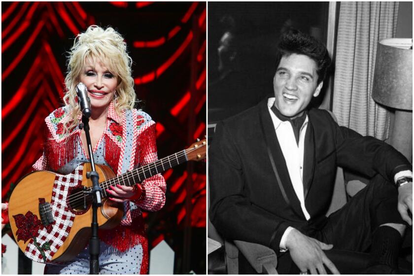 Split: left, Dolly Parton wears a red suit and plays an acoustic guitar onstage; right, Elvis wears a black suit on a couch