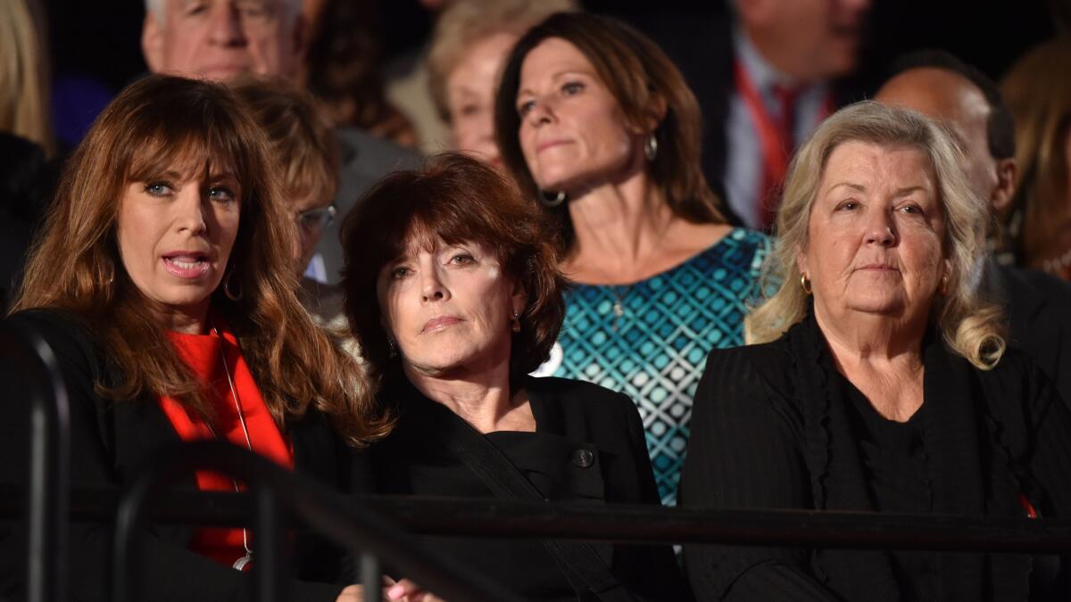 Paula Jones, from left, Kathleen Willey and Juanita Broaddrick, who have all accused former President Clinton of sexual misconduct, attended the second presidential debate in St. Louis as guests of Donald Trump. (Paul J. Richards / AFP / Getty Images)