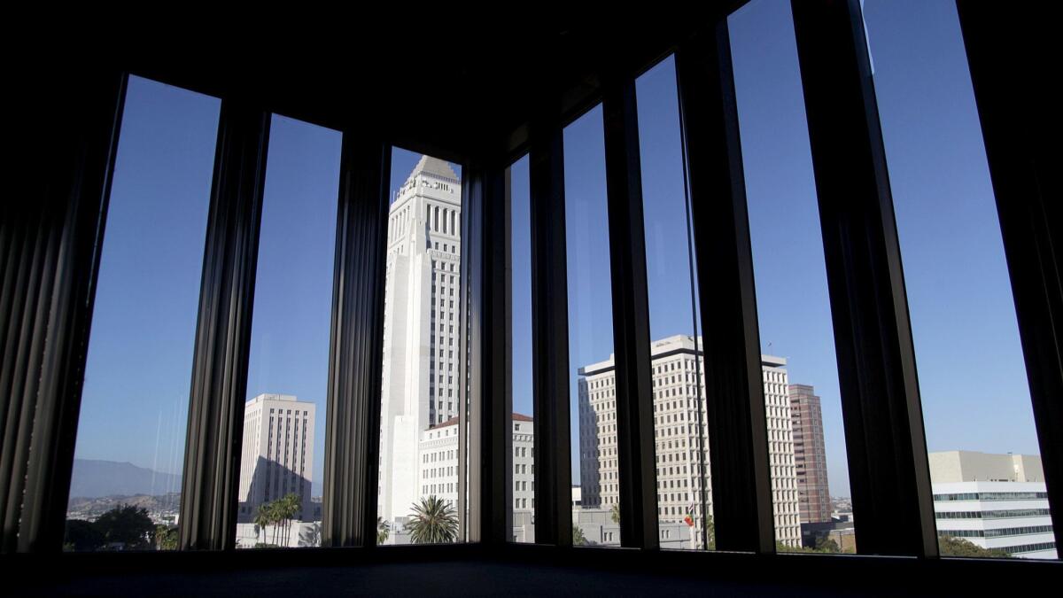 The view of City Hall from the Chandler apartment on the sixth floor of the Los Angeles Times complex.