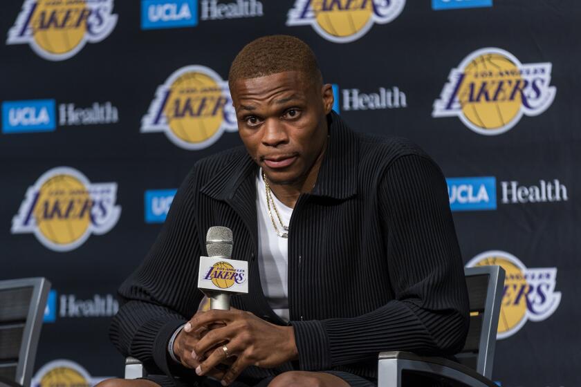 Los Angeles, CA - August 10: Russell Westbrook speaks after being introduced to the media as one of the newest Lakers by vice president of basketball operations/general manager Rob Pelinka and head coach Frank Vogel during a press conference at the Staples Center in Los Angeles Tuesday, Aug. 10, 2021. (Allen J. Schaben / Los Angeles Times)