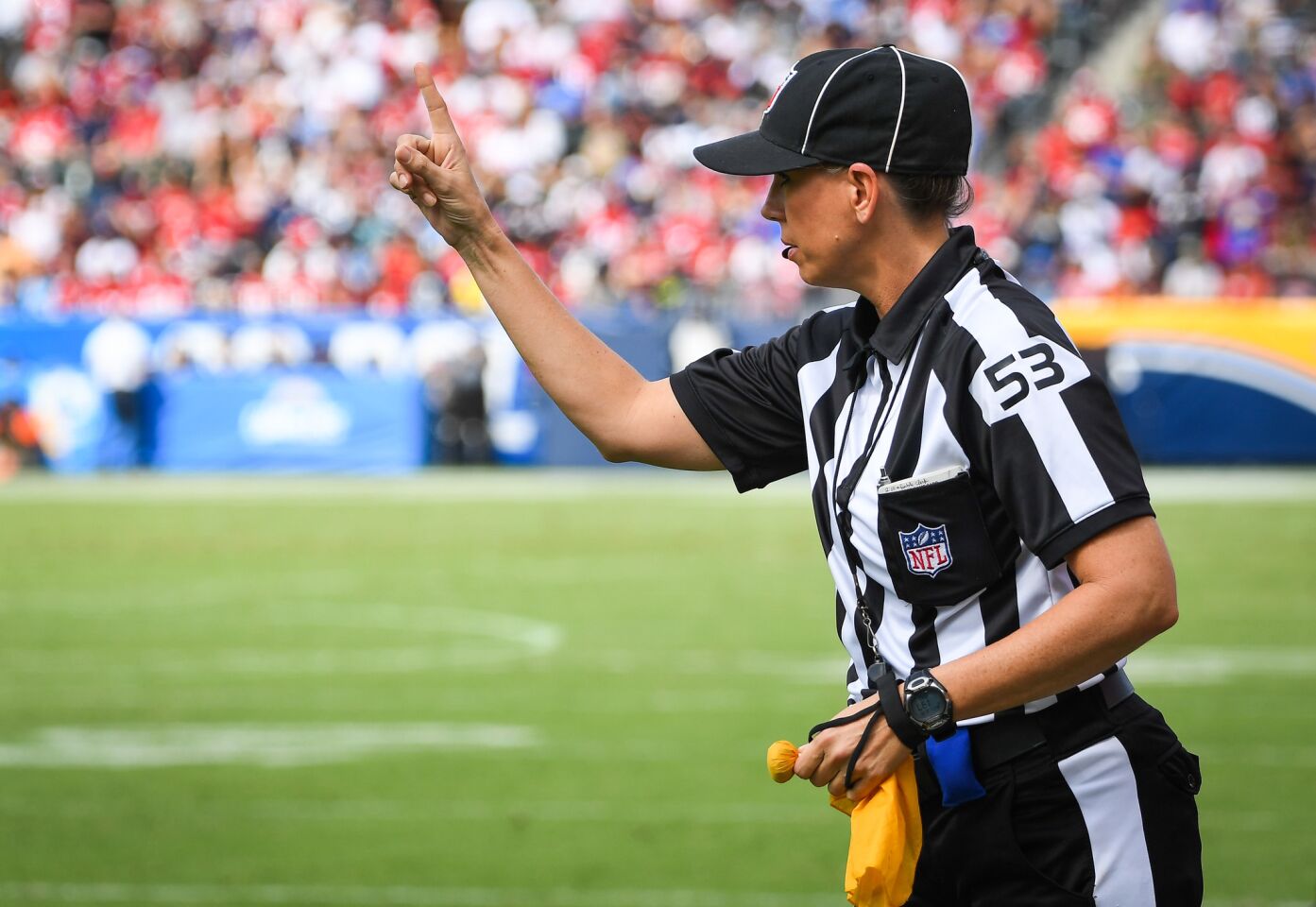 CARSON, CA - SEPTEMBER 30: Line judge Sarah Thomas #53 makes a call during the Los Angeles Chargers game against the San Francisco 49ers at StubHub Center on September 30, 2018 in Carson, California.