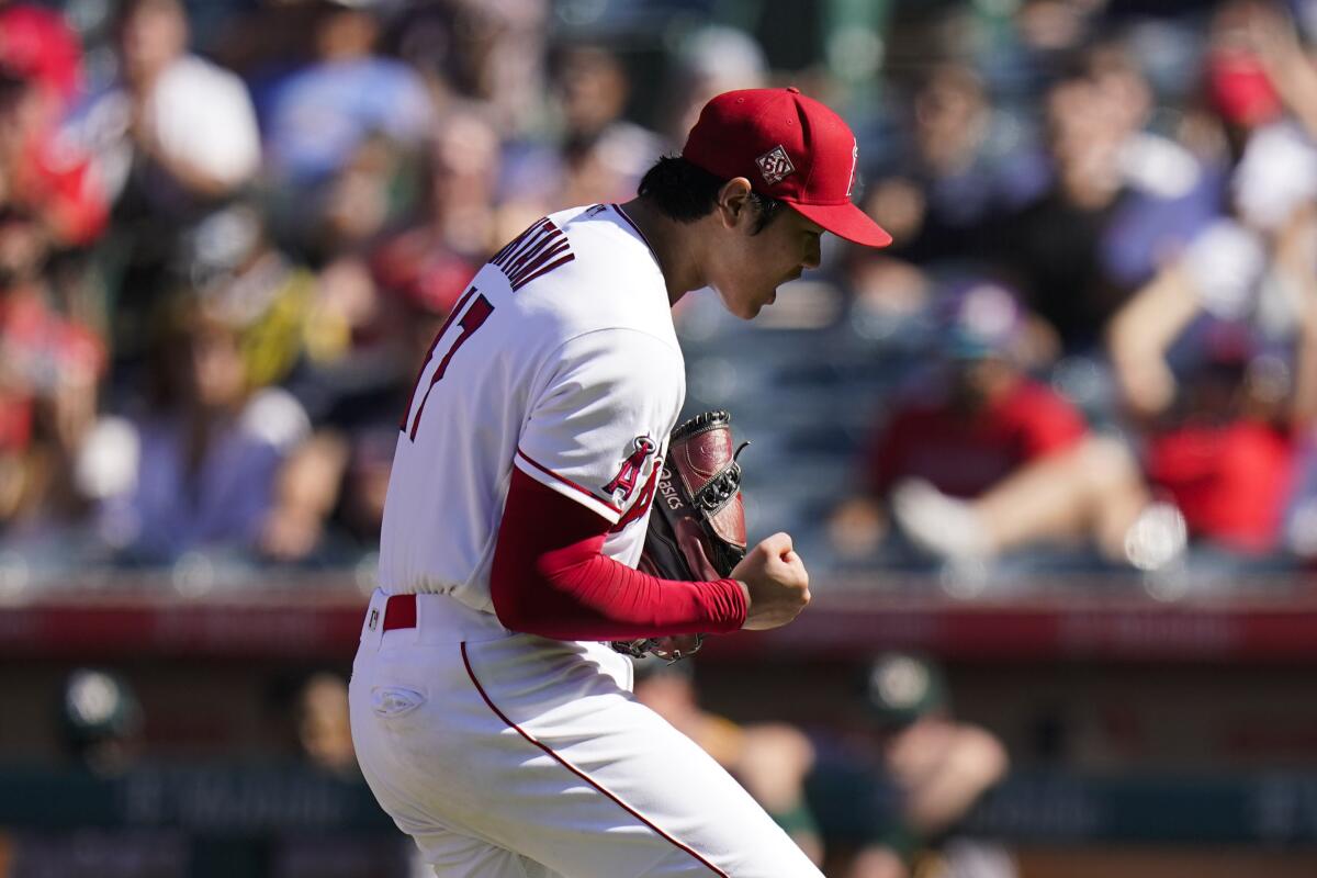 Angels starting pitcher Shohei Ohtani reacts after striking out Oakland's Matt Chapman on Sept. 19.