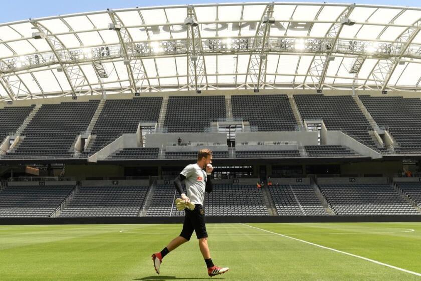LOS ANGELES, CALIFORNIA APRIL 18, 2018-An LAFC player warms-up during practice at the new soccer stadium in Los Angeles Wednesday. (Wally Skalij/Los Angeles Times)