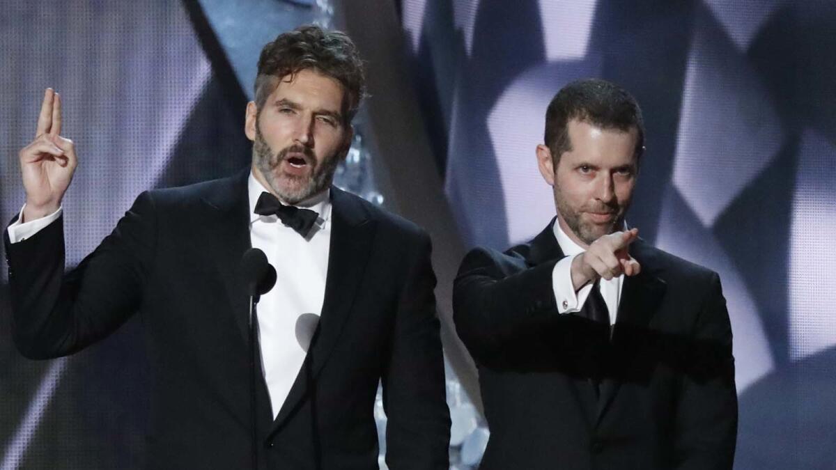 David Benioff, left, and D.B. Weiss at the Emmys in September 2016.