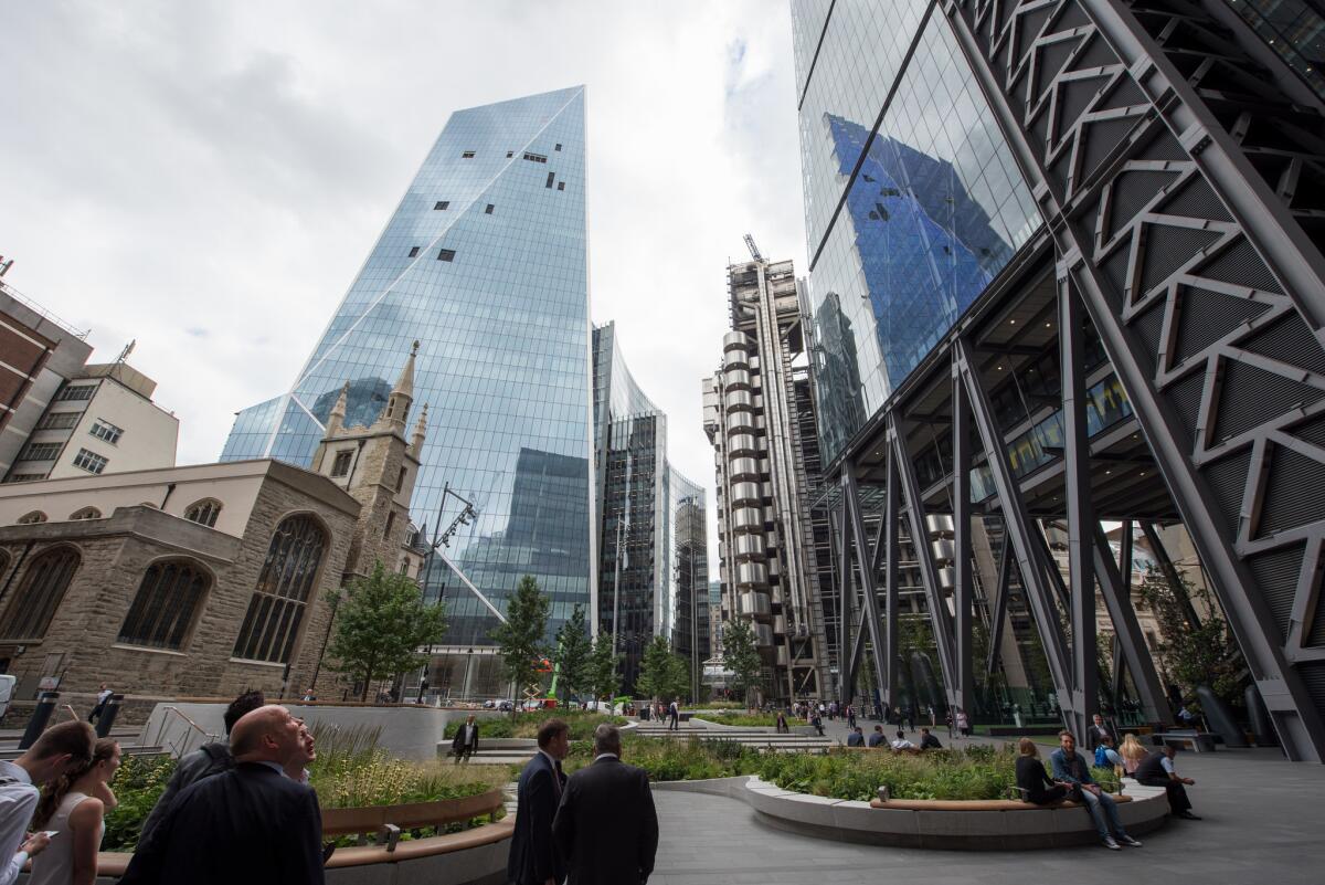 A London view taking in, from left, St. Andrew Undershaft church, the Scalpel tower, the Lloyd's building and the Leadenhall Building (also known as the Cheesegrater). Architects worry Brexit would hurt not only businesses' bottom line but also the profession's creative vitality.