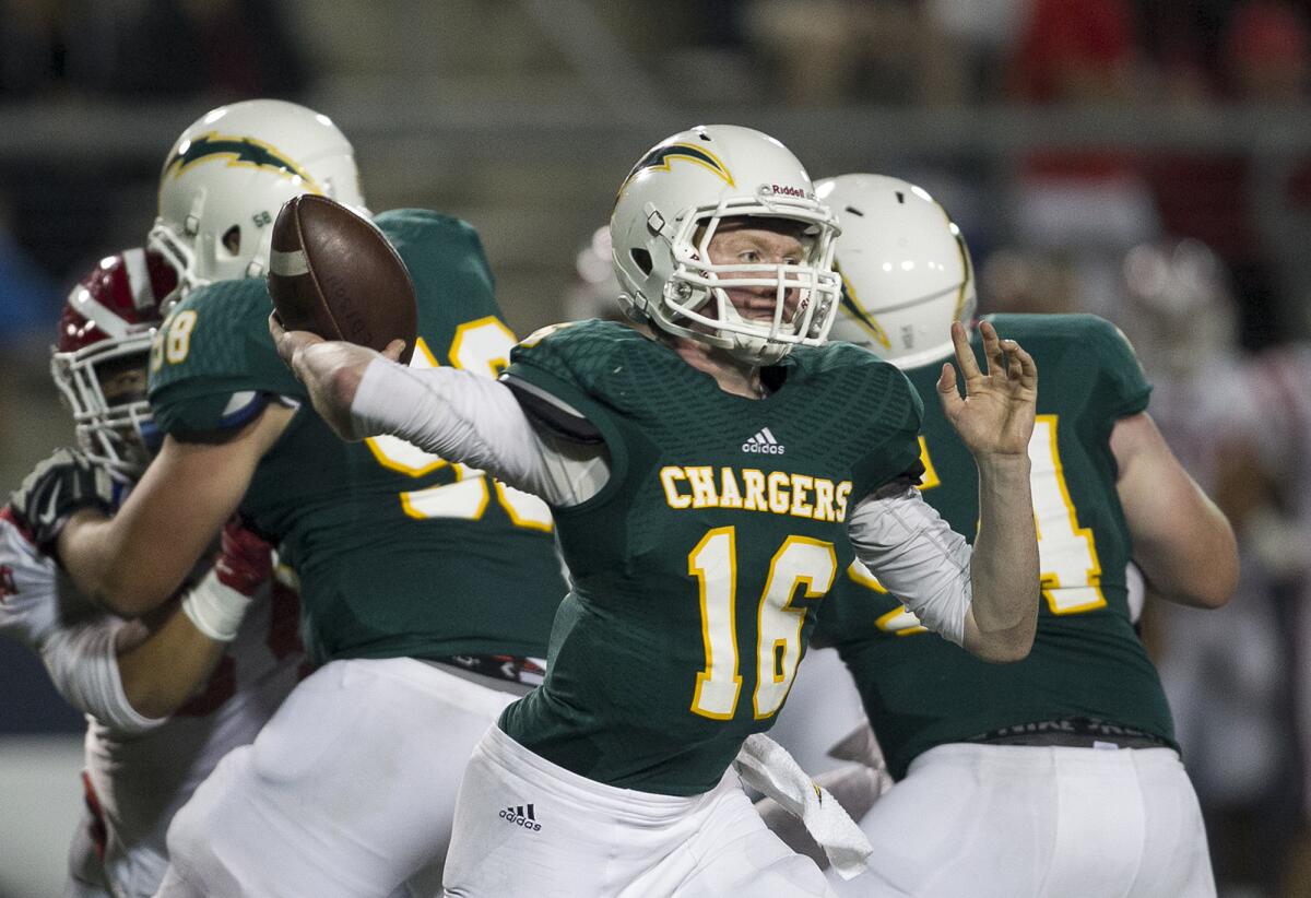 Edison's Griffin O'Connor throws a pass against Mater Dei on Sept. 23.