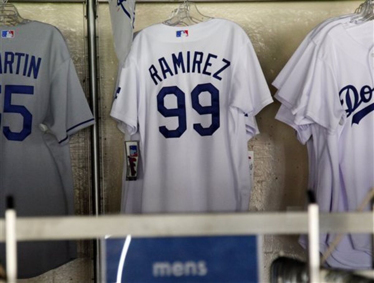 Los Angeles Dodgers' outfielder Manny Ramirez shirts and images are seen at Dodger Stadium in Los Angeles on Friday, May 8, 2009. Ramirez was suspended for 50 games by Major League Baseball for a drug violation, adding a further stamp to what will forever be known as the Steroids Era. Ramirez will lose $7.7 million in salary, but the Dodgers stand to take a financial hit, too. (AP Photo/Damian Dovarganes)