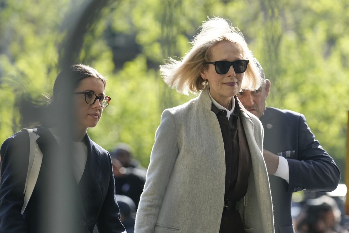 FILE - E. Jean Carroll arrives to a courthouse in New York, Tuesday, April 25, 2023. Columnist Carroll, who won a $5 million sexual abuse and defamation award against former President Donald Trump, filed an amended lawsuit against him on Monday, May 22, 2023, seeking to hold him liable for remarks he made after the verdict. (AP Photo/Seth Wenig, File)
