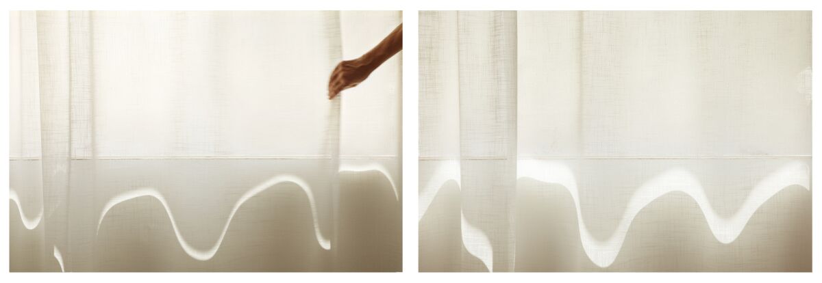 Two photos with a bright white line running through sheer draperies.