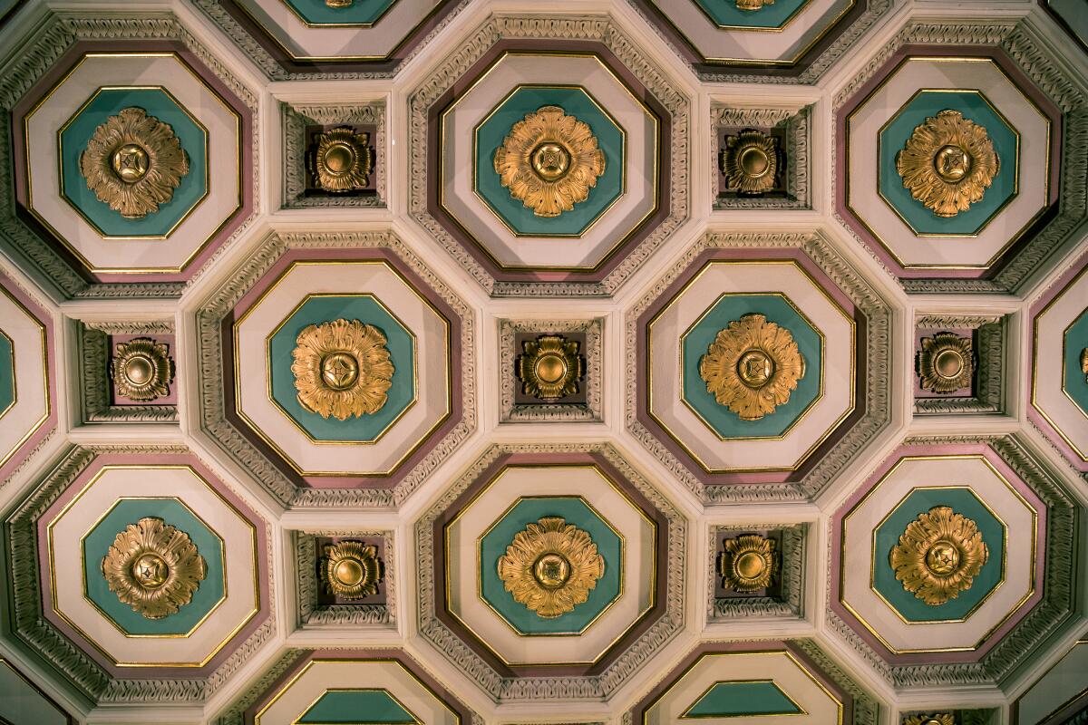 A closeup of octagonal and square ceiling coffers at the CalEdison building.