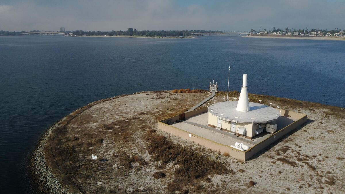 The sandy island on Mission Bay that holds a Federal Aviation Administration navigational aid called "VORTAC".Photographed on Tuesday, October 8, 2019.