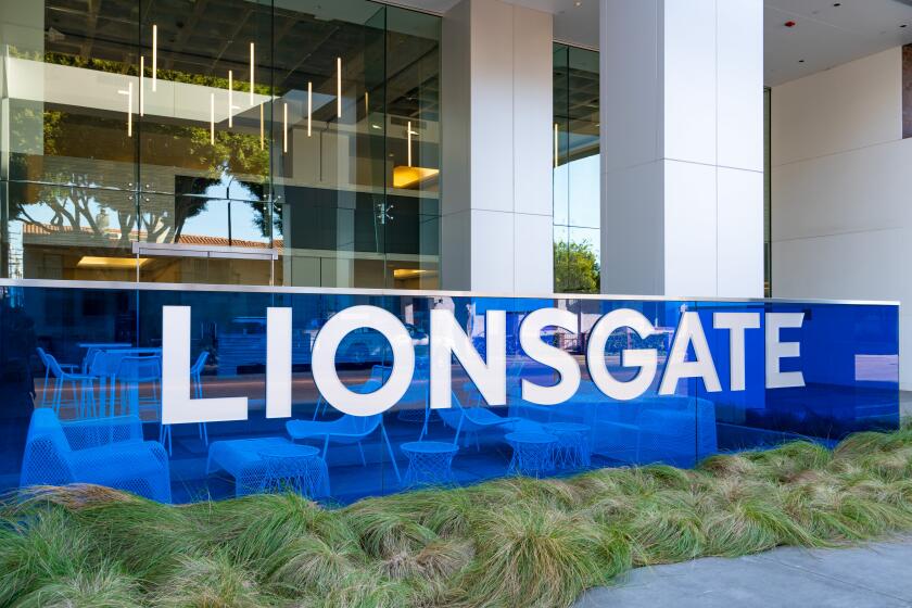 The entrance to Lionsgate's corporate headquarters featuring a large blue sign that says, 'Lionsgate.'