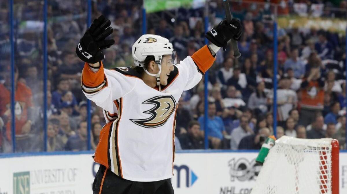 Ducks defenseman Brandon Montour celebrates after scoring his first NHL goal against the Tampa Bay Lightning on Feb. 4.