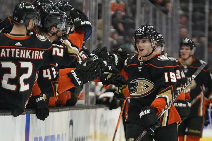 Anaheim Ducks right wing Troy Terry (19) celebrates after scoring during the first period of an NHL hockey game against the Philadelphia Flyers in Anaheim, Calif., Tuesday, Jan. 4, 2022. (AP Photo/Ashley Landis)