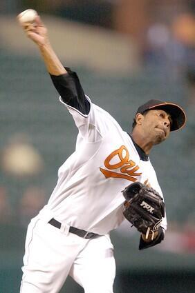 Baltimore Orioles pitcher Victor Santos hurls against the Los Angeles Angels at Camden Yard.
