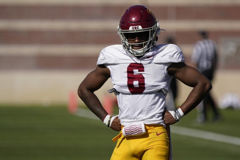 Southern California cornerback Mekhi Blackmon warms up during an NCAA college football practice Tuesday, April 5, 2022, in Los Angeles. (AP Photo/Marcio Jose Sanchez)