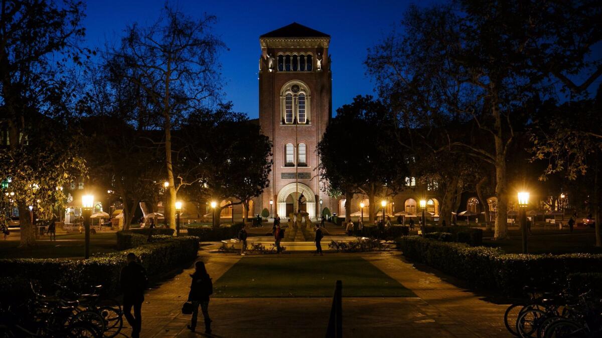 The USC campus at dusk.